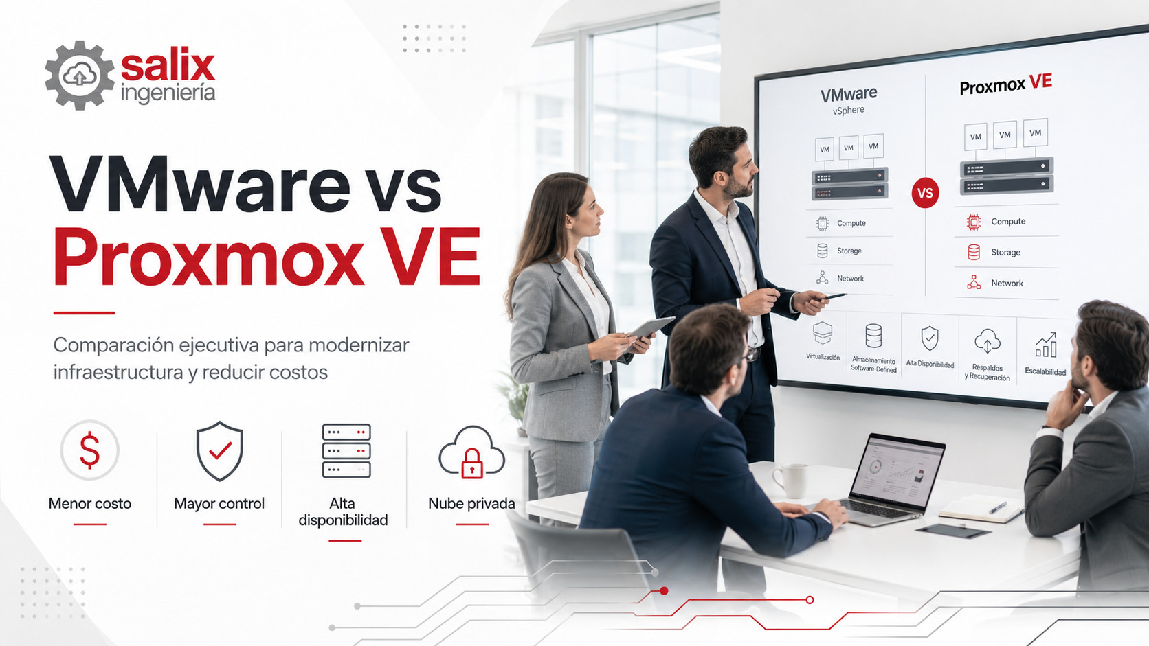 Comparación empresarial entre VMware y Proxmox VE para modernización de infraestructura y reducción de costos.